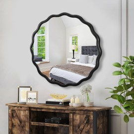 TREATLIFE HOME Elegant Solid Wood Wavy Mirror for Home Decor, Versatile Use in Bathroom, Bedroom, Living Room, and More, Black Finish, 36" x 36"