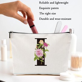 Rose Letter Initial I Makeup Bags for Women Lined Monogram Cosmetic Bag with Zipper Birthday Gifts for Women Girls Bridesmaid Best Friends Sisters, Travel Toiletry Bag, Wedding Gifts
