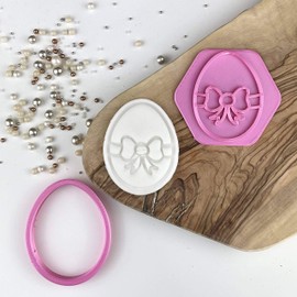 LissieLou Mini Easter Egg with Bow Easter Cookie Cutter Fondant Icing Stamp Embosser - Pink