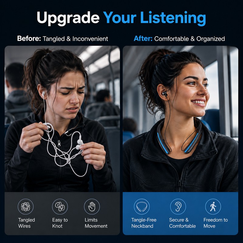 Neckband Bluetooth Earbuds for Calls & Music – Retractable Wireless