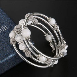 Silver Wrap Bracelet with Natural Stone Beads Boho Multilayer Women's Bracelets Birthday Fashion Gift for Women, Silver Copper Metal,