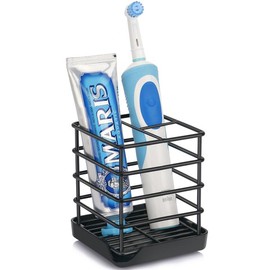 Toothbrush Holders for Bathrooms, Stainless Steel Bathroom Toothbrush Holder Kids Electric Tooth Brushing Holder Stand and Toothpaste Holder for Bathroom Accessories Organizer with Tray, Black (Small)