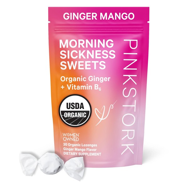 Pink Stork Morning Sickness Sweets, Organic Mango Ginger Candy with Vitamin B6 for Morning Sickness Support and Occasional Motion Sickness, Pregnancy Must Haves - 30 Wrapped Drops