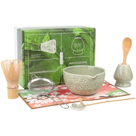 8Pcs Green Matcha Set–Ceramic Matcha Bowl, Matcha Whisk with Sakura Charm Complete Japanese Matcha Kit with Whisk, Scoop, Sifter & Cloth(Matcha Green)