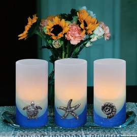 PETRISTRIKE Blue Flameless Candles, Nautical Themed Starfish, Conch, Seahorse Flickering Flameless Candles with Timer, Remote Set of 3 Pillar Led Candles for Wedding,Bedroom,Party,Gift