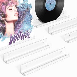 AITEE Vinyl Record Shelf Wall Mount: 6 Pack Acrylic White Floating Vnyl Shelves for Album LP Storage & Display, Easy Install Vinyl Record Wall for Home Office