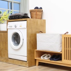 Hinwo 2-Pack Extra Large Canvas Fabric Storage Baskets with Handles, 70L Oversized Storage Bins, Collapsible Storage Box, Clothes, Toys, Blankets Organizers, 22 x 15 x 13 inches, (Grey Stripe)