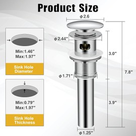 ZM Pop Up Drain Stopper with Overflow for Bathroom Faucet Vessel or Vanity Sink, Chrome Finish