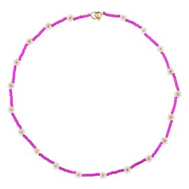 KELITCH Women Flower Bead Necklaces Hand Woven Choker Necklaces Bohemian Beach Jewelry (Neon Pink 31B)