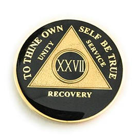 Recovery Line 27 Year AA Medallion - Alcoholics Anonymous, Black & Gold Sobriety Chip, Token, Coin