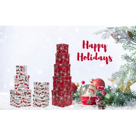 UNIQOOO 5PCS Christmas Nesting Gift Boxes with Lid, Xmas Nested Box Set, 5 Sizes, Square Stackable, Red White Snowflake Candy Cane Paper Box Tower Décor, for Holiday Thanksgiving New Year Packaging