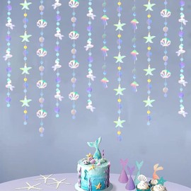 4Pcs Iridescent Mermaid Garland with Jellyfish Seashell Starfish, BetterJonny Mermaid Rainbow Theme Party Decoration Glitter Paper Hanging Bunting Banner Background for Birthday Wedding Baby Shower