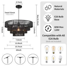 20" Boho Woven Pendant Light Fixture, Farmhouse Black Hanging Light Retro 4-Tier Drum Wicker Chandelier for Dining Room, Kitchen Island, Living Room, Hallway ROS6847