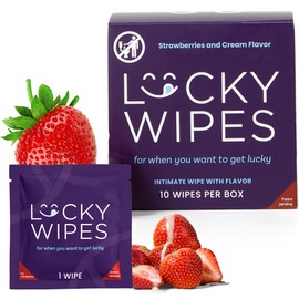 Lucky Wipes For Men, Individually Wrapped - pH Balanced Flavored Intimate Wipes - Pack of 10 (Strawberries and Cream)