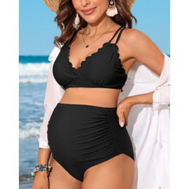 Charmo Women Maternity Bikini Set High Waist Ruched 2 Piece Swimming Costume with Padded Black L