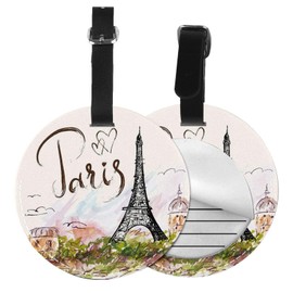 1 PCS Luggage Tag for Suitcase, Paris Eiffel Tower PU Leather Baggage Tags Identifiers with Privacy Name Address Backpack Labels for Women Men Travel (Round)