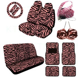 A Complete Animal Print Seat Cover and Accessories Set 2 Low Back Seat Covers with Headrest Cover, Bench Seat Cover, Wheel Cover, 2 Shoulder Pads, 2 Front Floor Mats, 2 Rear Floor Mat, Hanging Dice and Lanyard Key Chain - Zebra Pastel Pink with Zebra White and Pink - Zebra Pastel Pink with Zebra White and Pink