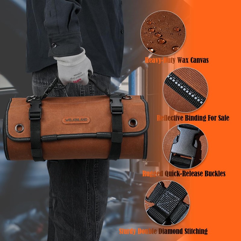WELKINLAND Heavy-Duty Waxed Canvas Tool Roll, 7-Pockets Tool Wrap Roll,