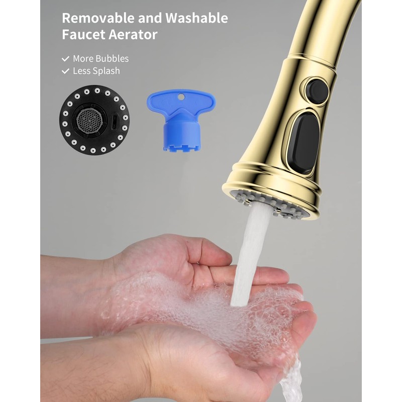Hibbent Gold Pull Down Faucet Spray Head, 3 Function Faucet
