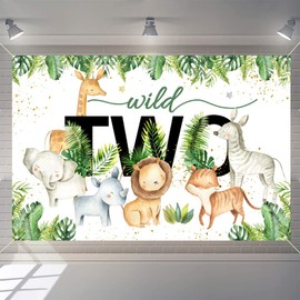 Safari Wild Two Backdrop Cartoon Safari Animal Second Birthday Party Backdrop Jungle Boy or Girl 2nd Birthday Party Decoration Photography Backdrop Birthday Poster, 150 cm x 90 cm