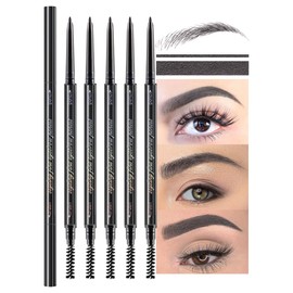 5 Pcs Waterproof Dual-Sided Fine Tip Brow Pencils Pack,Ultra-Fine Mechanical Pencil,Draws Tiny Brow Hairs, Defines, Fills Brows, Shapes, Contours, Combs, (Pack of 5)-Grey
