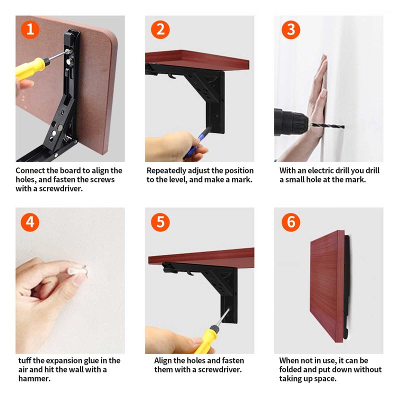 Folding Black Shelf Bracket, 10-inch Brackets for Shelves, Wall-Mounted Foldable