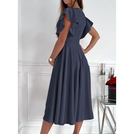 Dokotoo Womens Midi Formal Wedding Guest Dresses Dresses for Women 2024 V Neck Elegant Party Skater Dress Navy Blue M