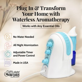 Diffuser World 1000 Sq Ft Waterless Diffuser for Essential Oils, Made in USA Blue Waterless Aroma Atomizer for Home Large Room Fragrance, Home Scent Machine, Air Aromatherapy with Adjustable Timer
