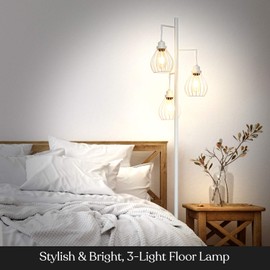Brightech Teardrop LED Floor Lamp - Tree With 3 Elegant Cage Heads & Edison Bulbs - for Living Rooms, Offices & Bedroom Reading - Alpine White