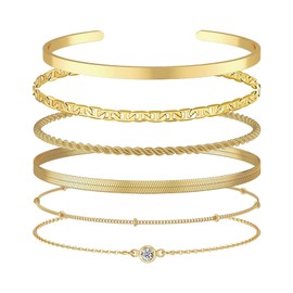 Zovator Gold Bracelet for Women, 6Pcs Rope Cuban Figaro Herringbone Bead Chain Bracelets 14K Gold Plated Stacking Bracelets Adjustable CZ Link Gold Bracelet Set for Women Girls