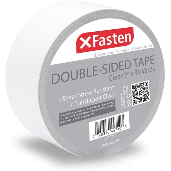 XFasten Double Sided Tape Clear, Removable, 2-Inch by 30-Yards, Ideal as a Gift Wrap Tape, Holding Carpets, and Woodworking