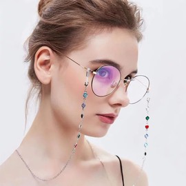 Glasses Chain for Women Men - Sunglasses Strap Face Mask Holder Lanyard Colorful Beads Chain Necklace, Non-slip String for Glasses Retainer, Silver