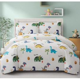 Marina Decoration Kids Boys Toddlers Cute Printed 600 Thread Count Soft Cotton Blend Percale 3 Pieces Duvet Cover Set with Corner Tie and Zipper, Cartoon Dinosaur Zoo Dino Pattern Queen Size