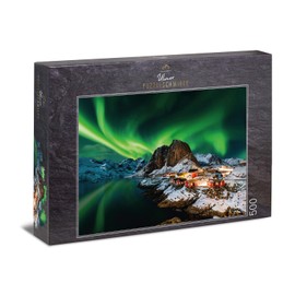 Ulmer Puzzleschmiede - Norway Aurora Borealis - Northern Lights Jigsaw Puzzle - Classic 500 Piece Puzzle - Northern Lights Jigsaw Puzzle Motif Over the Fishing Village of Hamnoy, Lofoten, Norway