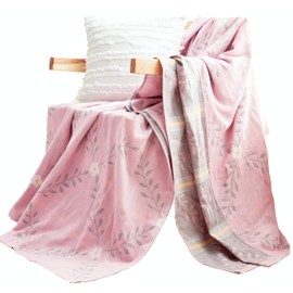 MEJU Pink Flower Muslin Throw Blanket Lightweight Summer for Bed Sofa Couch, 100% Combed Cotton 2 Layer Soft Warm Quick Dry Throw Blanket Bed Coverlet Sheet Flower Pink, F/Q 80 in X 90 in