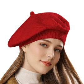 Lanzom Womens Winter Beret Hat Knitted Beanie Cap Autumn Winter Hat French Classic Beret Hat (US, Alpha, Small, X-Large, Red)