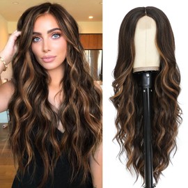 NAYOO Long Dark Brown Wavy Wig for Women 26 Inch Middle Part Curly Wavy Wig Natural Looking Synthetic Heat Resistant Fiber for Daily Party Use (Dark Brown with Highlights)
