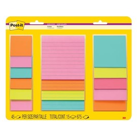 Post-it - Notas superadhesivas, 15 almohadillas para orejas adhesivas, multitamaño, ideal para organización en tu recámara, hogar u oficina, 2 unidades de poder pegado, colección Supernova Neons