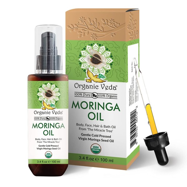 Organic Veda Moringa Oil – USDA Organic Cold-Pressed Edible Grade Virgin Oil Made with Organic Premium Moringa Seed Kernels for Face, Skin, Hair, Nails, Foot, and Body - 3.4 fl. oz
