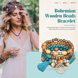Sternstunde Pack of 4 Boho Bracelets Women, Chakra Bracelet for Women, Jewellery Boho Bangles with Wooden Beads and Tassel, Chakra Bracelet, Tree of Life Charm, Love, Statement Bangles, [No metal