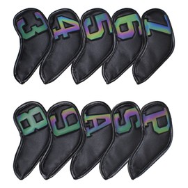 Scott Edward 10 Pieces Leather Iron Golf Headcovers Strong Magnetic Clasp Long Neck Club Protector Clear Number Plates (Black