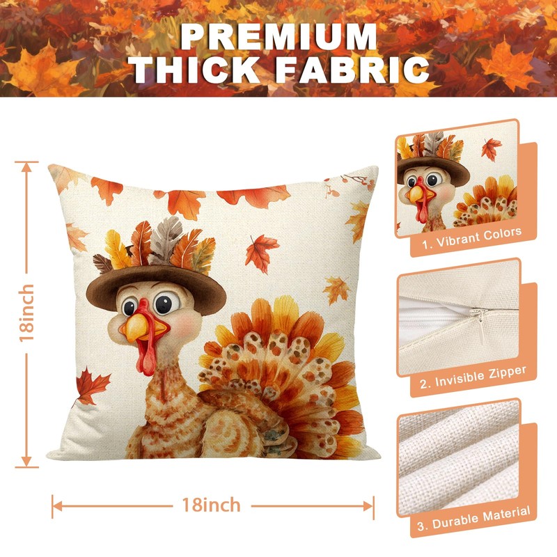 FUYUCHEN Thanksgiving Pillow Covers 18x18 Inch Turkey Flowers Polka Dots