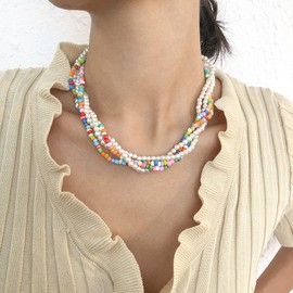 Jumwrit Boho Layered Pearl Choker Necklace Vintage Multi Strand Pearl Necklace Italian Gold Bead Chain Necklace Colourful Pearl Beaded Necklace for Women