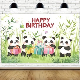 Panda Happy Birthday Banner, Birthday Decorations Backdrop Banner Party Photo Booth Background Photography Background Decor Sign Poster Party Supplies for Kids
