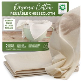Organic Unbleached Cotton Cheesecloth for Straining - 2 Reusable Hemmed Squares, GOTS Certified, Fine Reusable Strainer – Large 23" x 23"