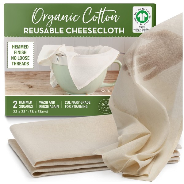 Organic Unbleached Cotton Cheesecloth for Straining - 2 Reusable Hemmed Squares, GOTS Certified, Fine Reusable Strainer – Large 23" x 23"