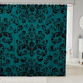 Erosebridal Black Teal Damask Bathroom Curtain 72" Wx78 L Boho Gothic Floral Turquoise Shower Curtain Goth Bohemian Exotic Bathtub Curtain for Bathroom Retro Victorian Baroque Flower Bathroom Decor