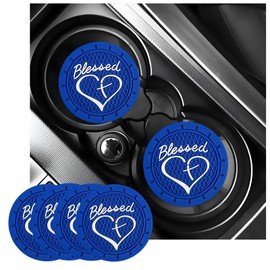 KVAEY 4 PCS Car Cup Holder Coaster, 2.76 Inch Anti Slip Vehicle Drink Mat with Cute Blessed Cross and Heart, Shockproof Cup Holder Coaster for Most Cars, Universal Car Accessories (Blue)