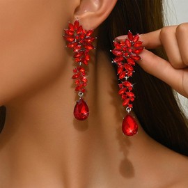 Silver Rhinestone Wedding Earrings for Women,Silver Sparkling Crystal Chandelier Earrings,Formal Cocktail Prom Teardrop Dangle Drop Statement Jewelry(Red)