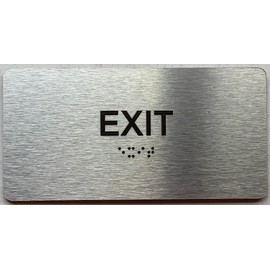 EXIT sign with Raised letters/Image & Grade 2 Braille - Includes Red Adhesive pad for Easy Installation (4" W x 8" H,Brushed Aluminum/silver, Tacticle Sign) - The park Ave Line